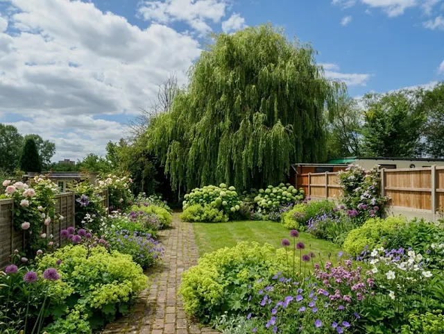 AI generated cottage redesign of the same view: a plain back garden of mown grass with a willow, a timber fence and a concrete post wall on the right, replanted.