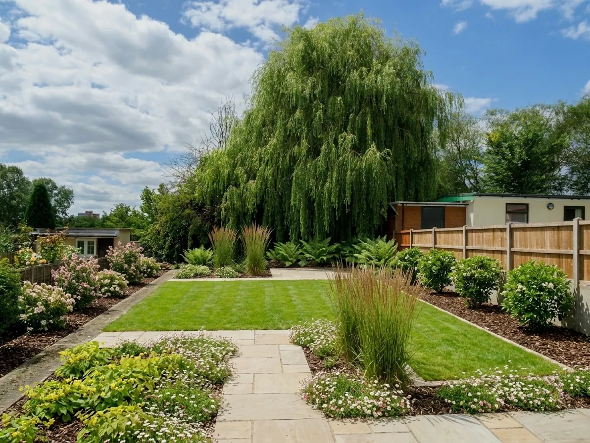 AI generated low maintenance redesign of the same view: a plain back garden of mown grass with a willow, a timber fence and a concrete post wall on the right, replanted.