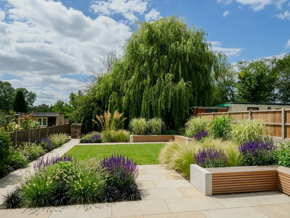 AI generated modern redesign of the same view: a plain back garden of mown grass with a willow, a timber fence and a concrete post wall on the right, replanted.