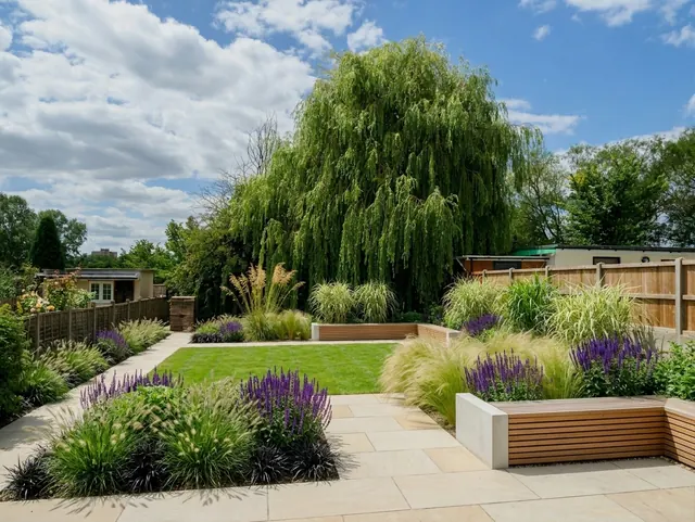 AI generated modern redesign of the same view: a plain back garden of mown grass with a willow, a timber fence and a concrete post wall on the right, replanted.