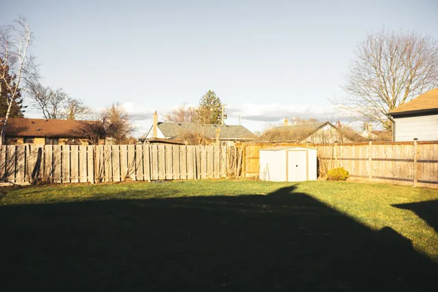 Before: a bare lawn in shadow in front of a tall panel fence with a small white shed.