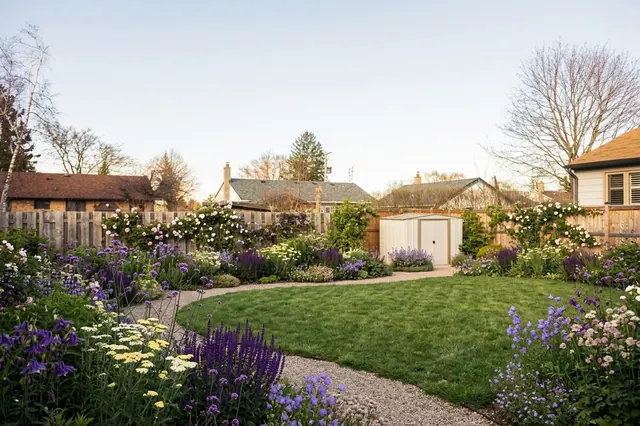 AI generated cottage redesign of the same view: a bare lawn in shadow in front of a tall panel fence with a small white shed, replanted.