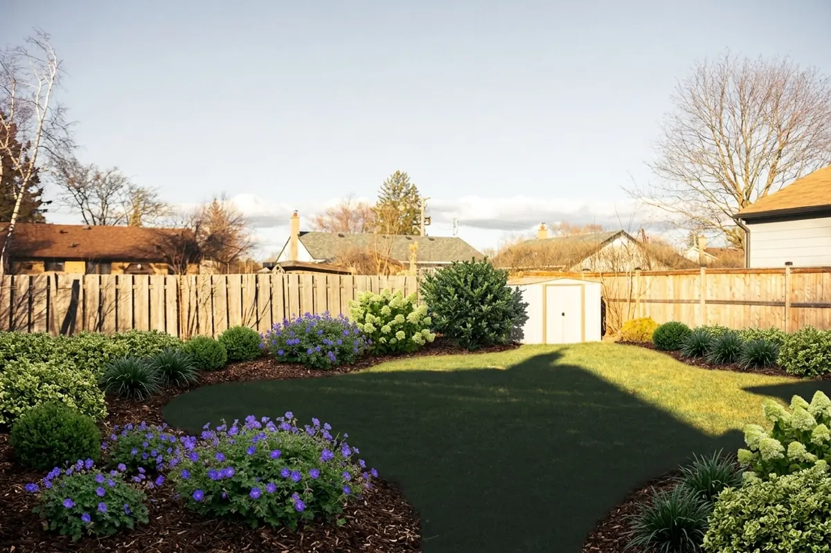 AI generated low maintenance redesign of the same view: a bare lawn in shadow in front of a tall panel fence with a small white shed, replanted.
