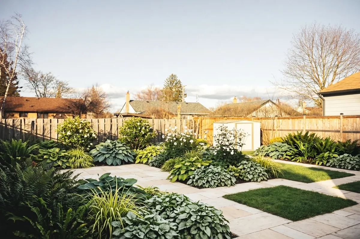 AI generated shade planting redesign of the same view: a bare lawn in shadow in front of a tall panel fence with a small white shed, replanted.