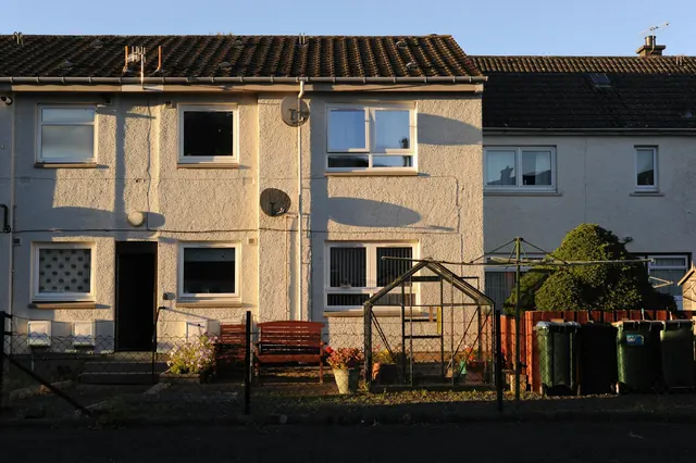 Before: the small front garden of a rendered terraced house with a bench, a small greenhouse and wheelie bins.