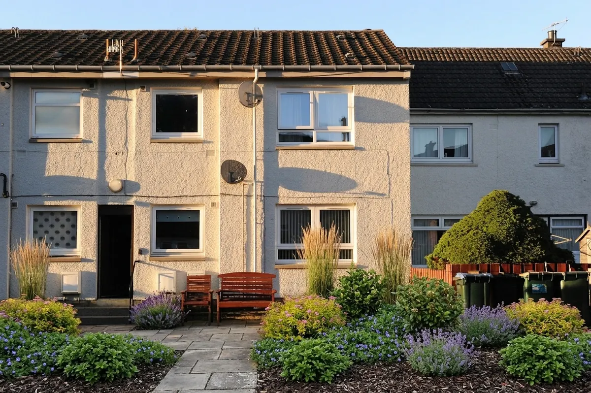 AI generated low maintenance redesign of the same view: the small front garden of a rendered terraced house with a bench, a small greenhouse and wheelie bins, replanted.