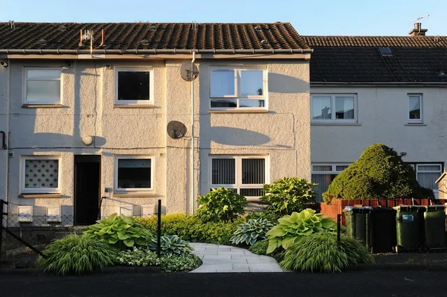 AI generated shade planting redesign of the same view: the small front garden of a rendered terraced house with a bench, a small greenhouse and wheelie bins, replanted.