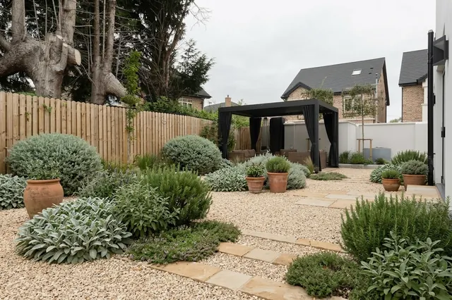AI generated mediterranean redesign of the same view: a large pale porcelain slab patio beside a small lawn with a timber fence, a pergola and neighbouring houses, replanted.