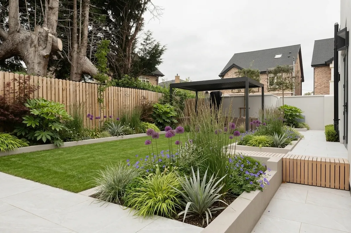 AI generated modern redesign of the same view: a large pale porcelain slab patio beside a small lawn with a timber fence, a pergola and neighbouring houses, replanted.