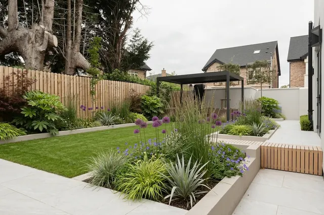 AI generated modern redesign of the same view: a large pale porcelain slab patio beside a small lawn with a timber fence, a pergola and neighbouring houses, replanted.