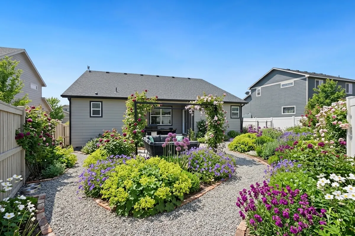 AI generated cottage redesign of the same view: a back garden of mown lawn with a small concrete slab patio and metal pergola behind a single-storey house, replanted.