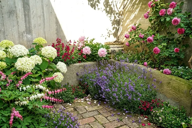 AI generated cottage redesign of the same view: a small concrete courtyard corner with raised beds, a few potted plants and scattered leaves, replanted.