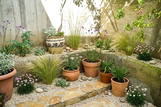 AI generated mediterranean redesign of the same view: a small concrete courtyard corner with raised beds, a few potted plants and scattered leaves, replanted.