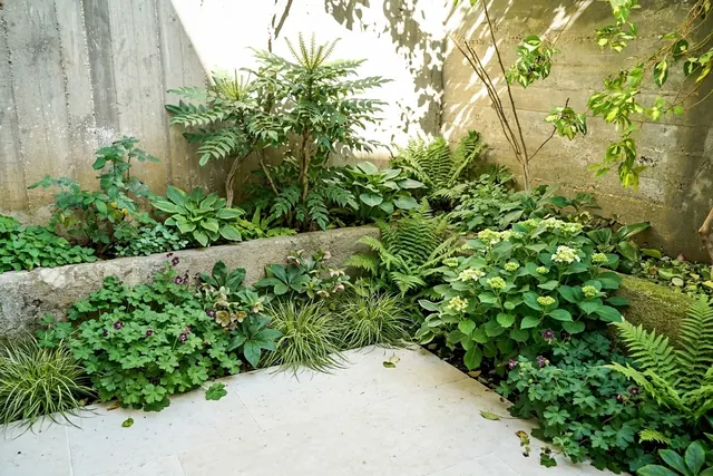 AI generated shade planting redesign of the same view: a small concrete courtyard corner with raised beds, a few potted plants and scattered leaves, replanted.