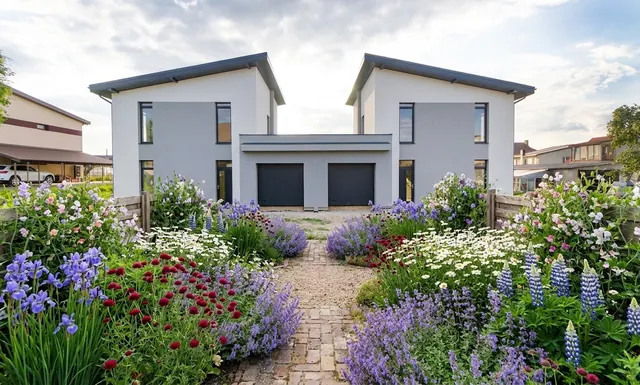 AI generated cottage redesign of the same view: the rear of a new-build pair of houses with garages, a bare sandy plot and patchy new grass in front, replanted.