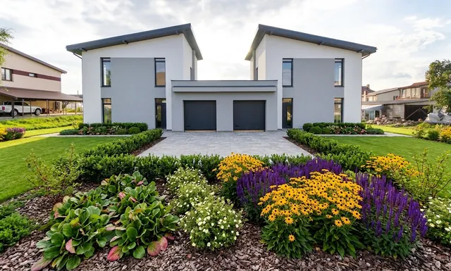 AI generated low maintenance redesign of the same view: the rear of a new-build pair of houses with garages, a bare sandy plot and patchy new grass in front, replanted.